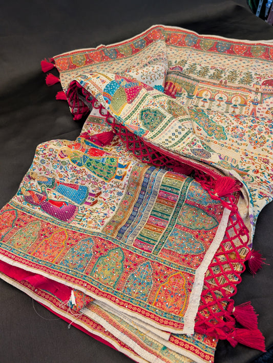 White Designer Saree with Storytelling Designs & Red Border