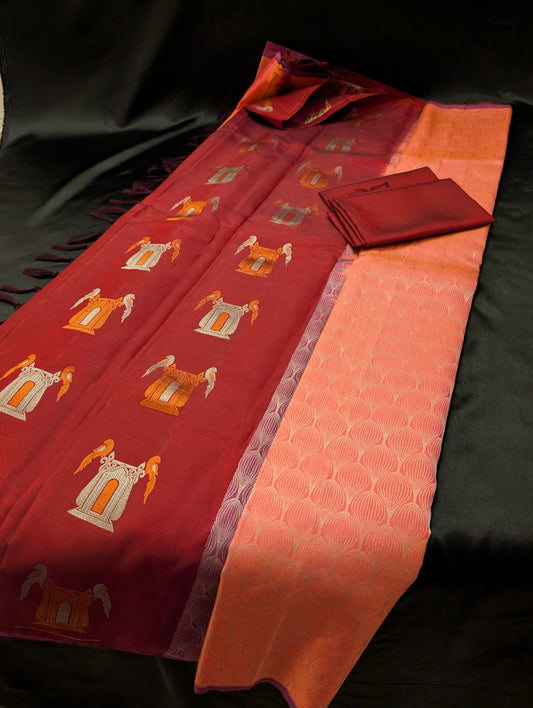 Pink Designer Saree with Red Accents & Silver Round Designs