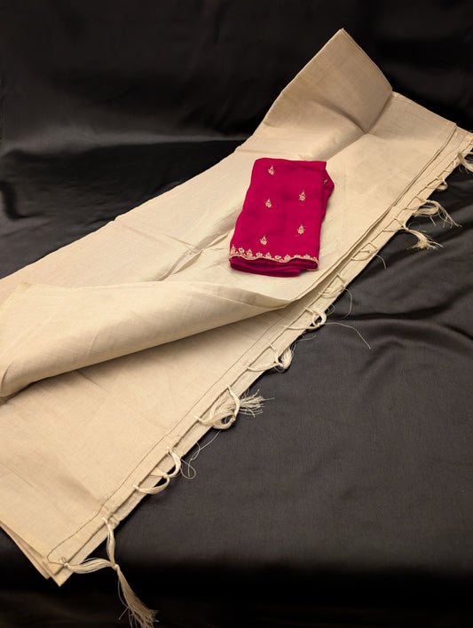 Kerala Off-White Designer Saree with Pink Blouse – Full Set