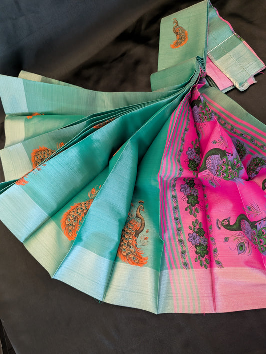 Pink & Teal Peacock Designer Saree with Silver-Gold Border – Full Set