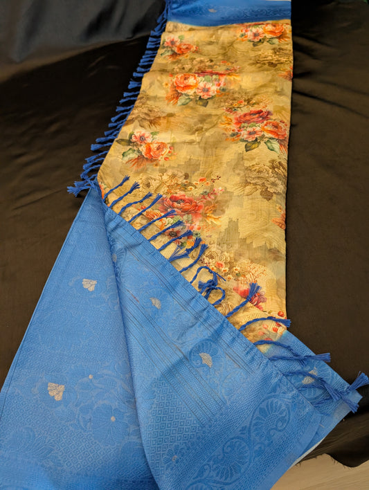 Blue Designer Saree with Bronze-Gold Floral Prints – Full Set