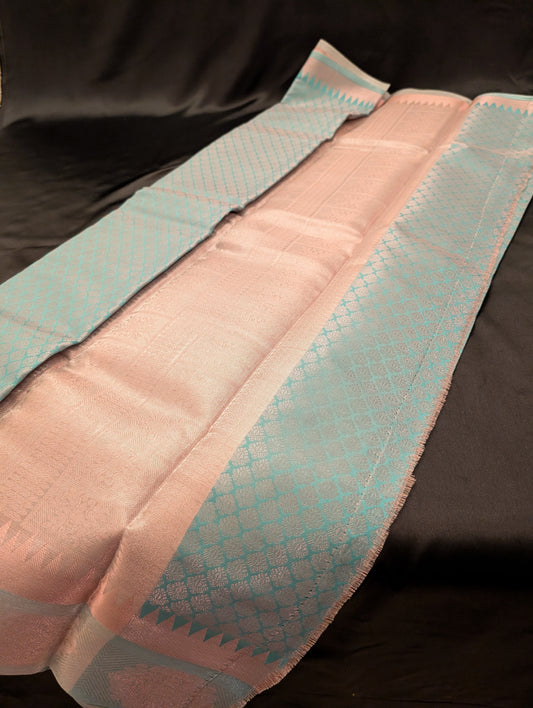 Teal Designer Saree – Pink Accents & Silver Designs - Full Set