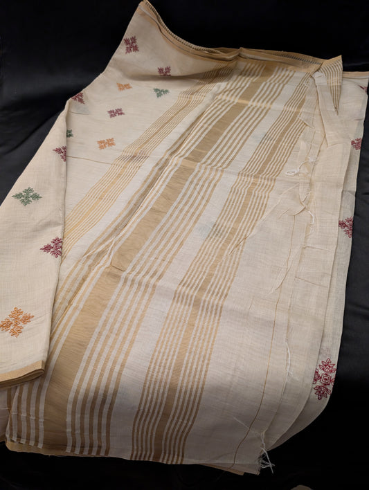 Beautiful Kerala Off-White Designer Saree paired with a green designer blouse material with tassels — full set