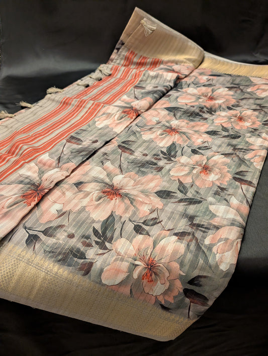 Grey Print Designer Saree with Pink Flower Prints – Full Set