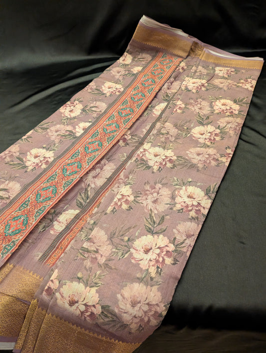 Elegant Light Purple Designer Saree with Big Pink Flowers and Gold Border — full set