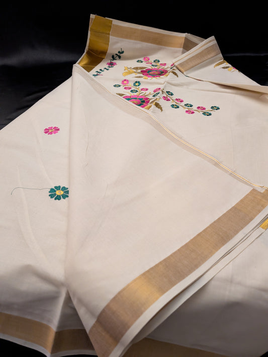Kerala White Designer Saree with Pink & Green Accents – Full Set