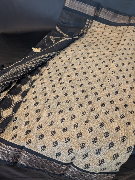Black & Light Brown Designer Saree – Full Set
