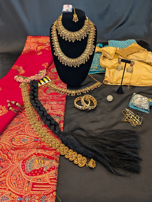 Red Designer Saree with Blue Story Gold Stone work with Tussles