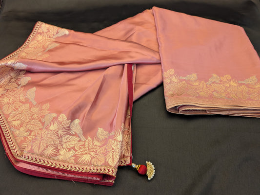 Pink Designer Saree with Red Border & Gold Bird Designs