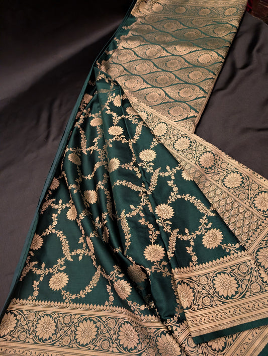 Pine Green Banarasi Saree with Gold Thread Zari Work
