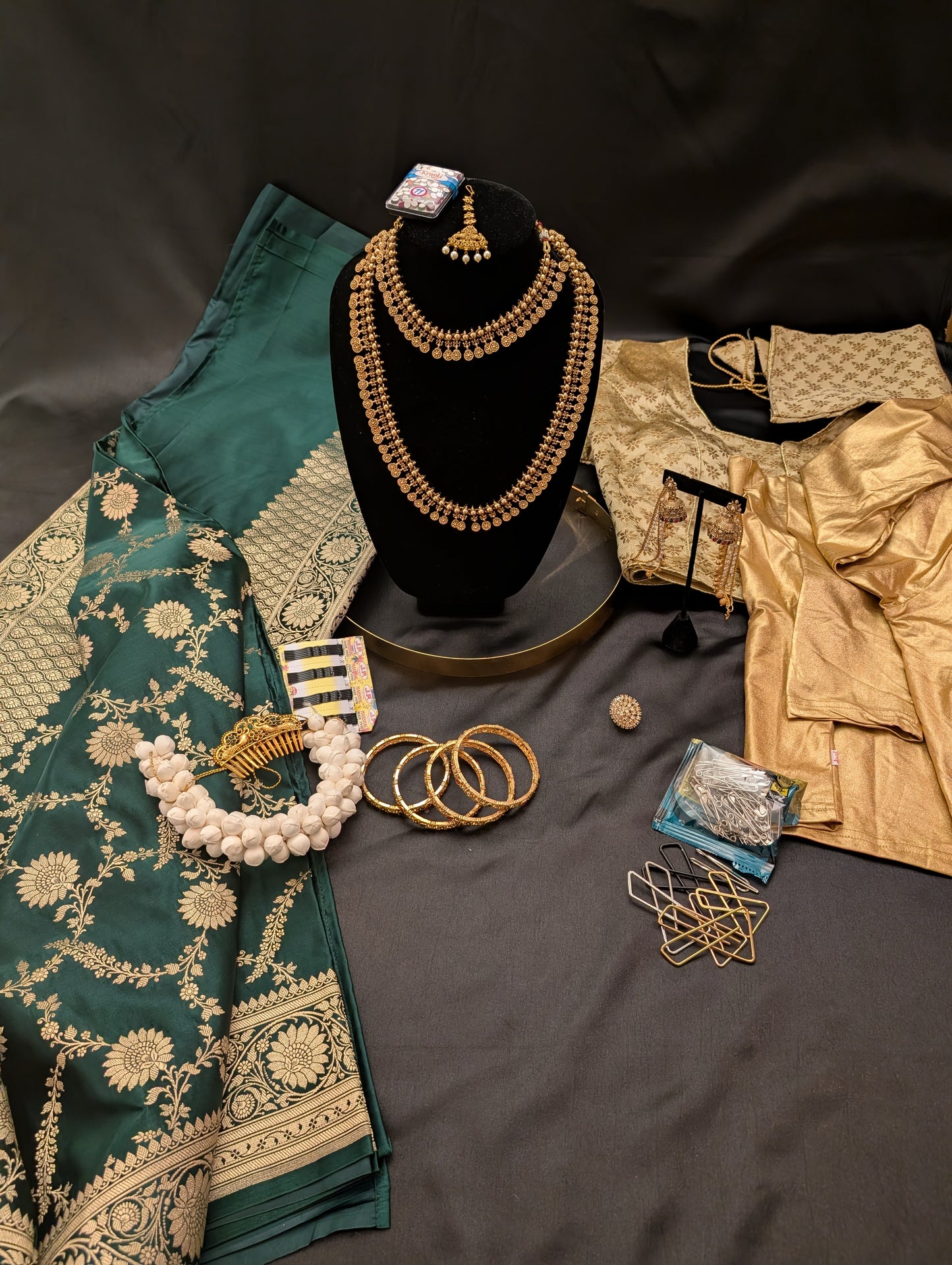 Pine Green Banarasi Saree with Gold Thread Zari Work