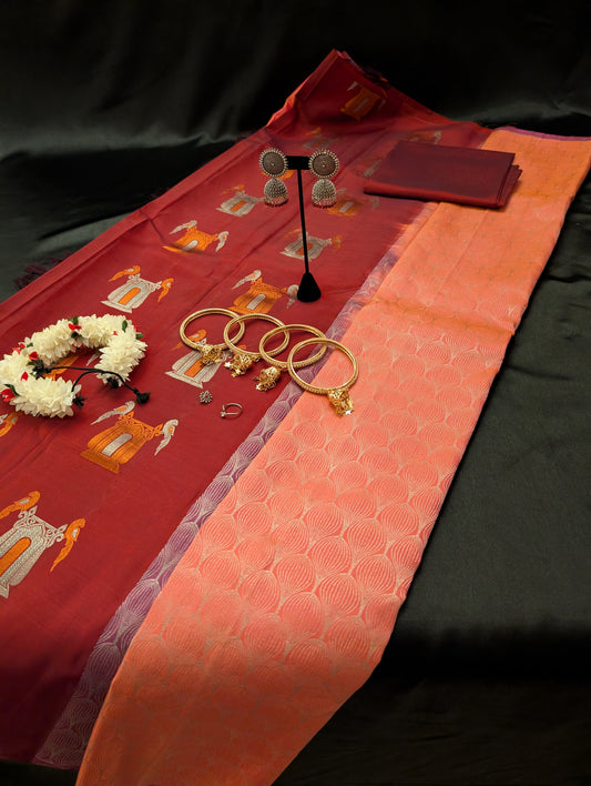 Pink Designer Saree with Red Accents & Silver Round Designs
