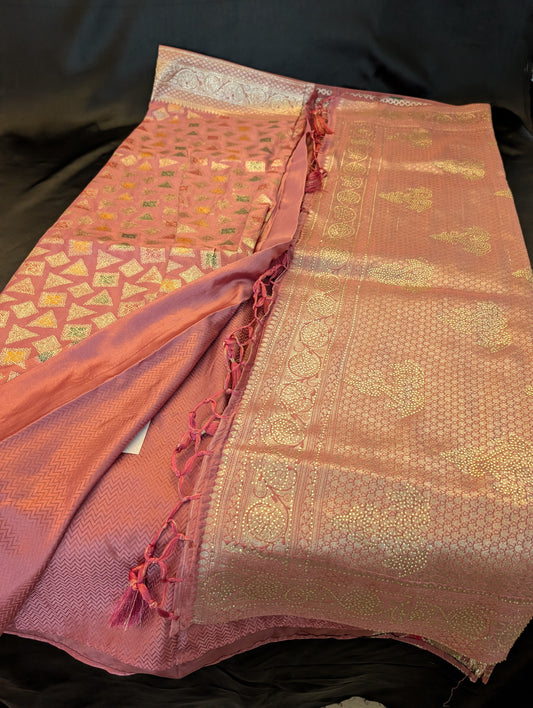 Pink Designer Saree with Gold Ari Work — Full Set | Festive & Bridal Ethnic Wear