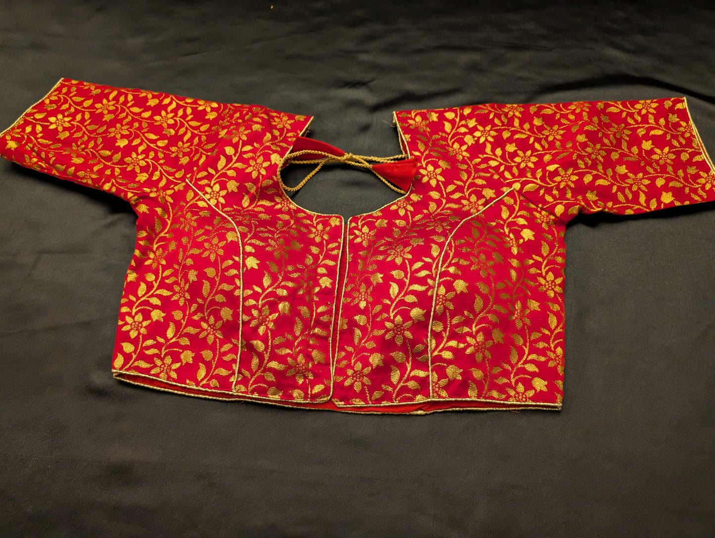 Green Floral Designer Saree with Rose Red Border Gold/Bronze work – Full Set