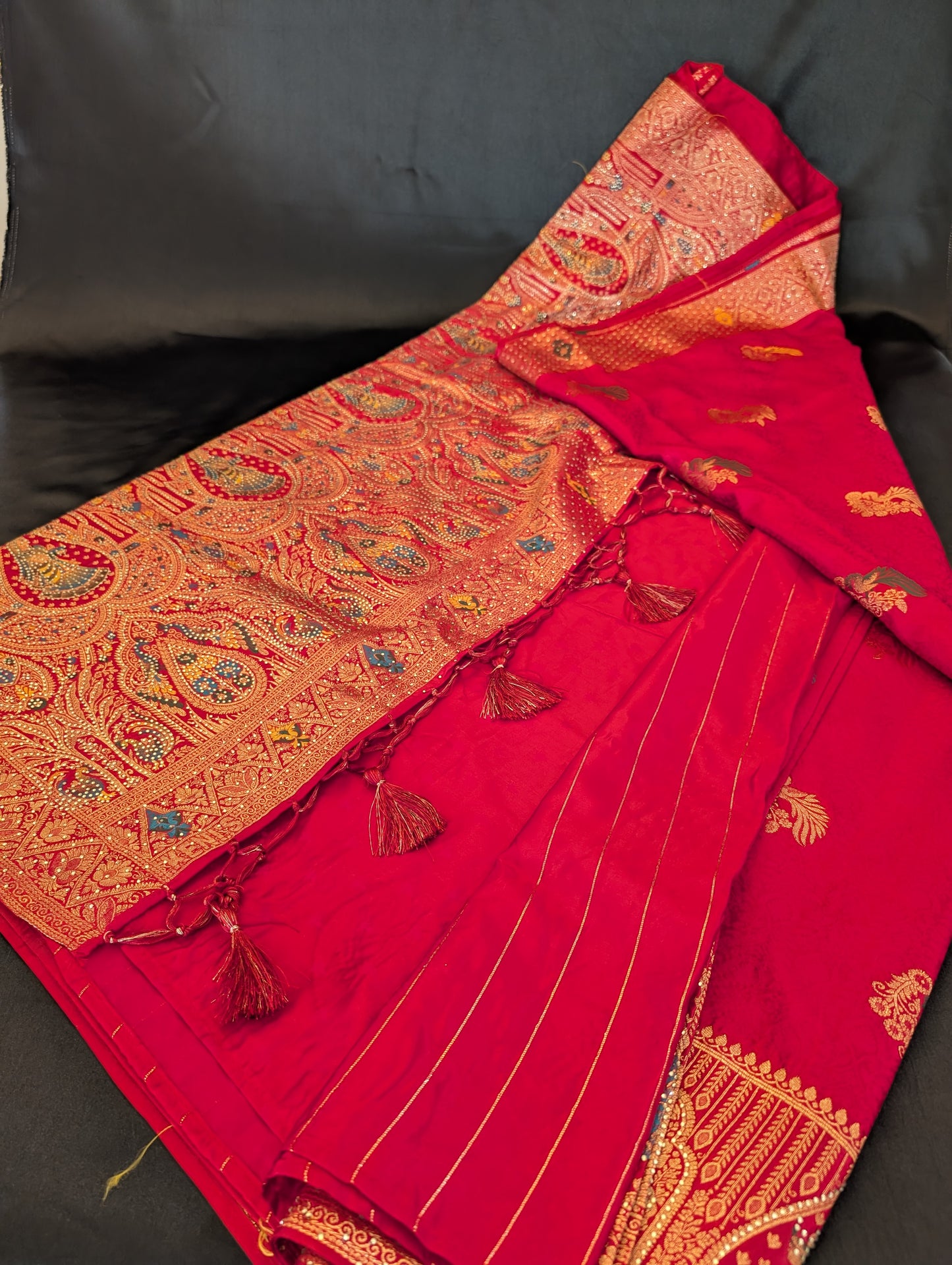 Red Designer Saree with Blue Story Gold Stone work with Tussles