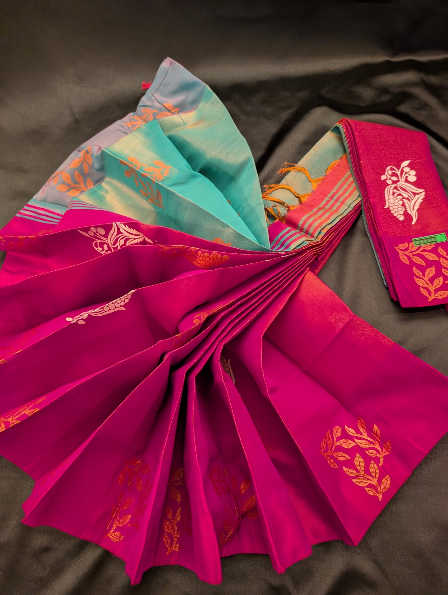 Pink Designer Saree with White Grape Designs & Blue Headpiece – Full Set