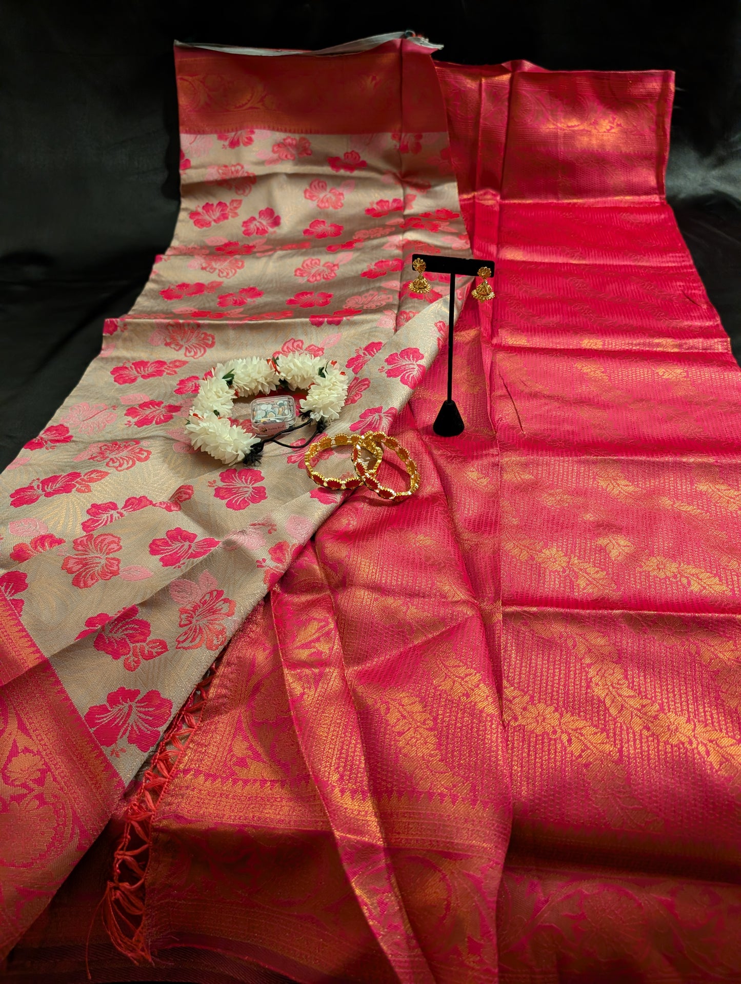 Pink Designer Saree – Floral Gold Work -  Full Set