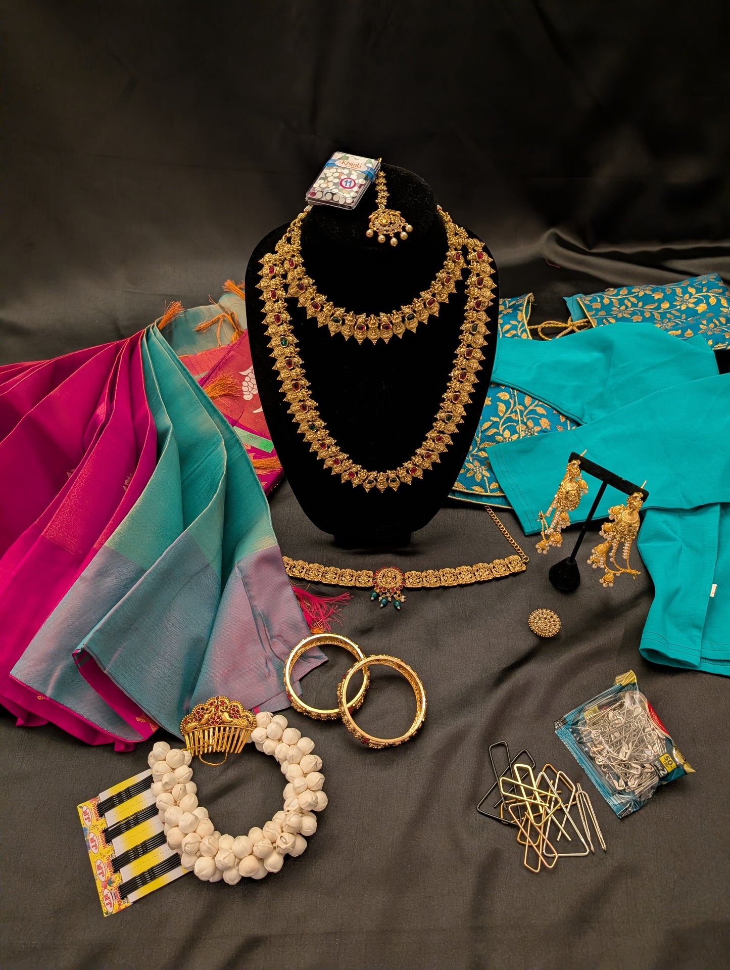 Pink Designer Saree with White Grape Designs & Blue Headpiece – Full Set