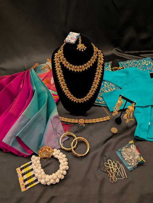Pink Designer Saree with White Grape Designs & Blue Headpiece – Full Set