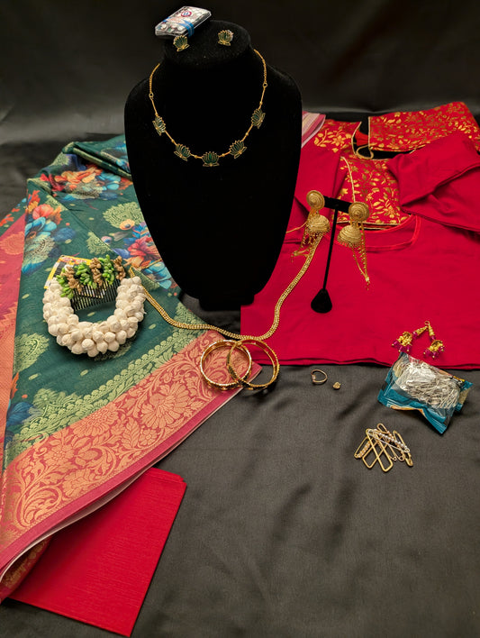 Green Floral Designer Saree with Rose Red Border Gold/Bronze work – Full Set