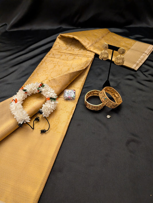 Gold Designer Saree with Detailed Gold Thread Work – Full Set
