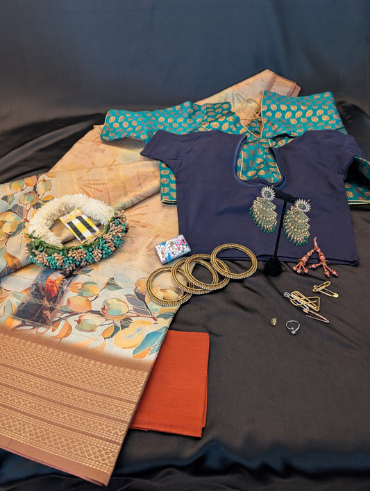 Brown-Beige Designer Saree with Bird & Tree Print – Full Set