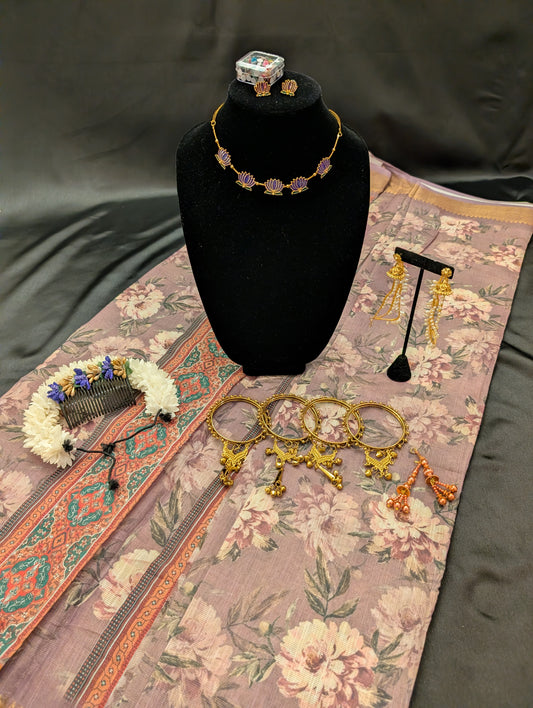 Elegant Light Purple Designer Saree with Big Pink Flowers and Gold Border — full set