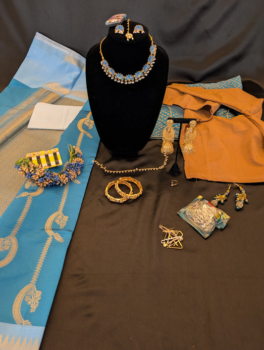 Blue Designer Saree – Double-Blue with Gold Work – Full Set