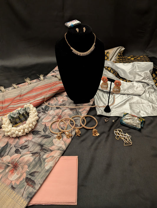 Grey Print Designer Saree with Pink Flower Prints – Full Set