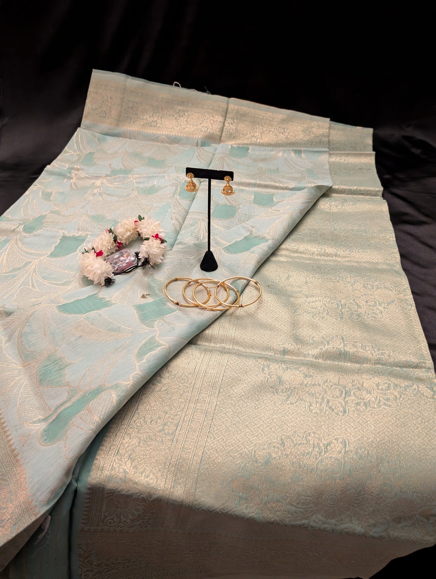 Light Green Teal Designer Saree – Full Set