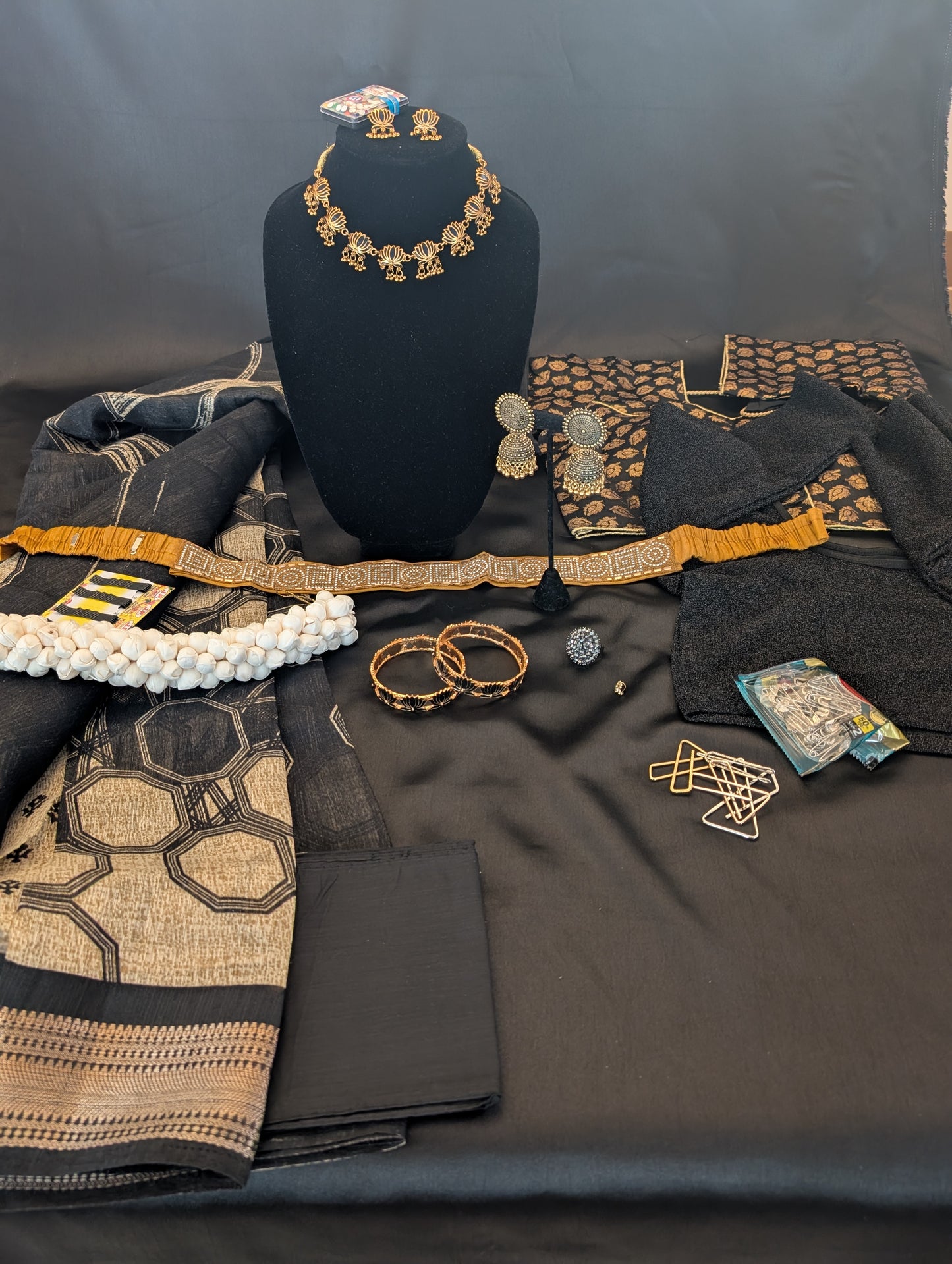 Black & Light Brown Designer Saree – Full Set