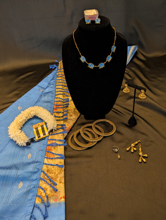 Blue Designer Saree with Bronze-Gold Floral Prints – Full Set