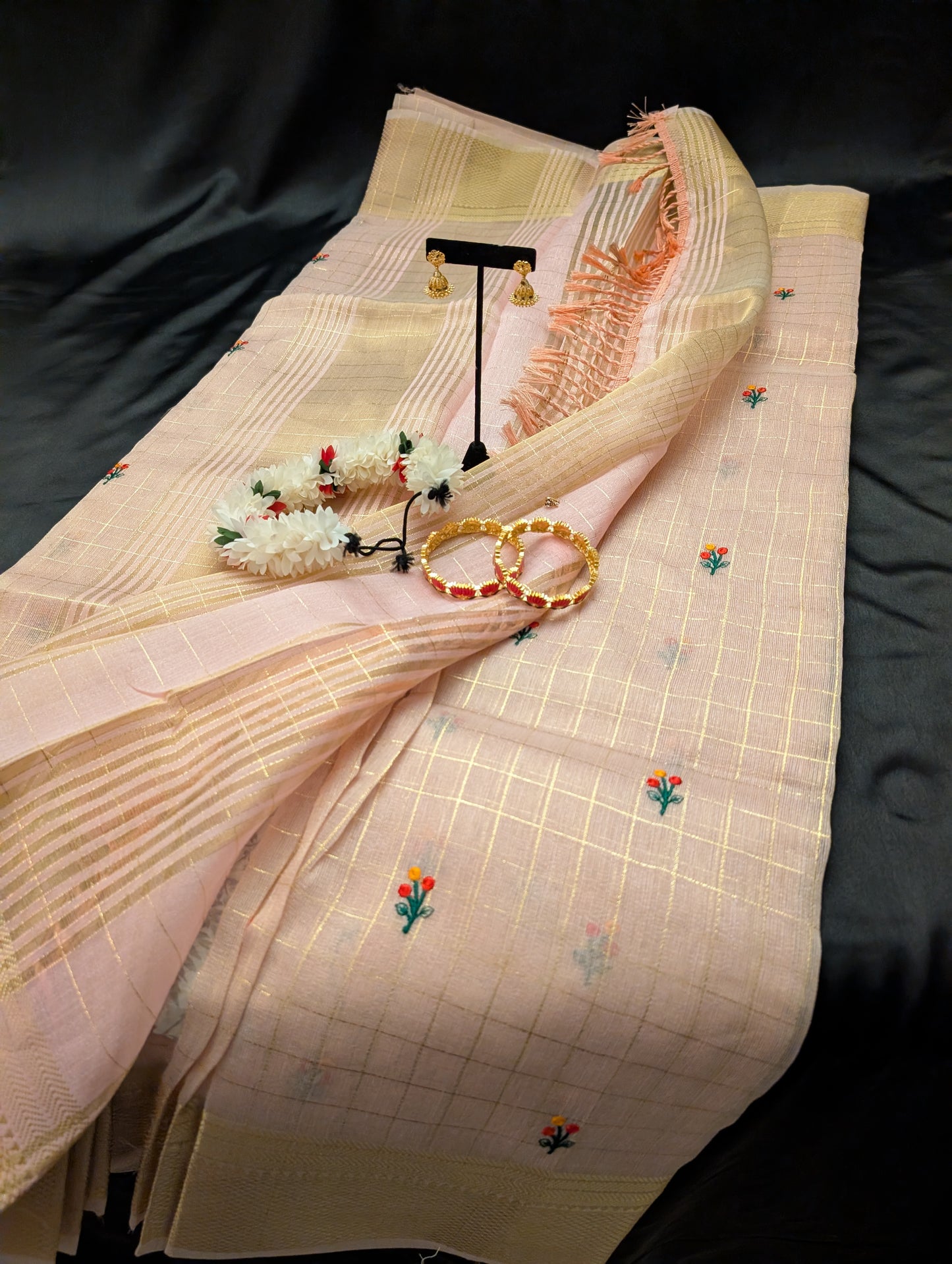 Pink Designer Saree – Gold Checkers & Floral Design - Full Set