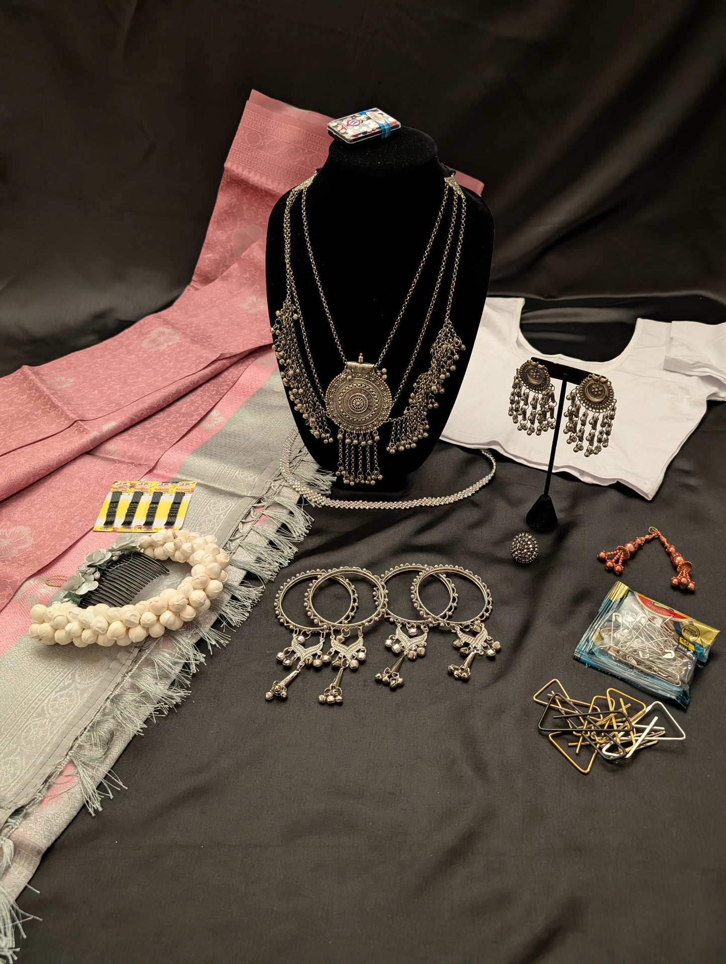 Pink & Silver Designer Saree with Silver Thread Work – Set