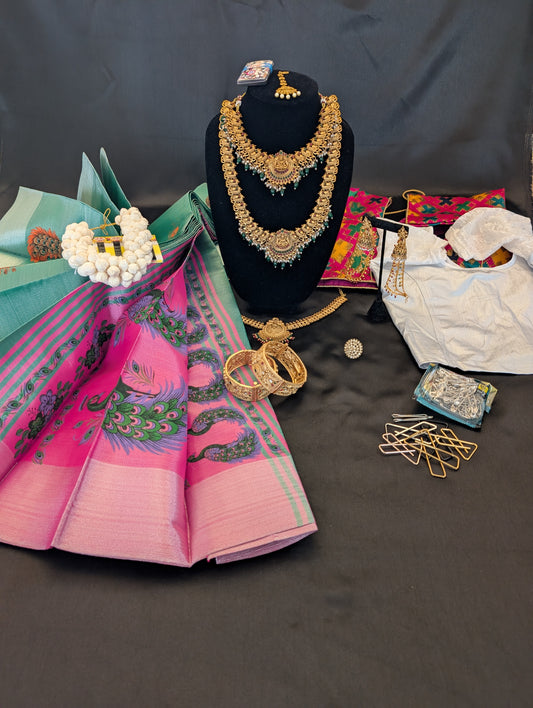 Pink & Teal Peacock Designer Saree with Silver-Gold Border – Full Set
