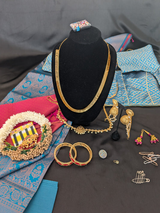 Blue Designer Saree with Gold Designs & Pink Headpiece – Full Set