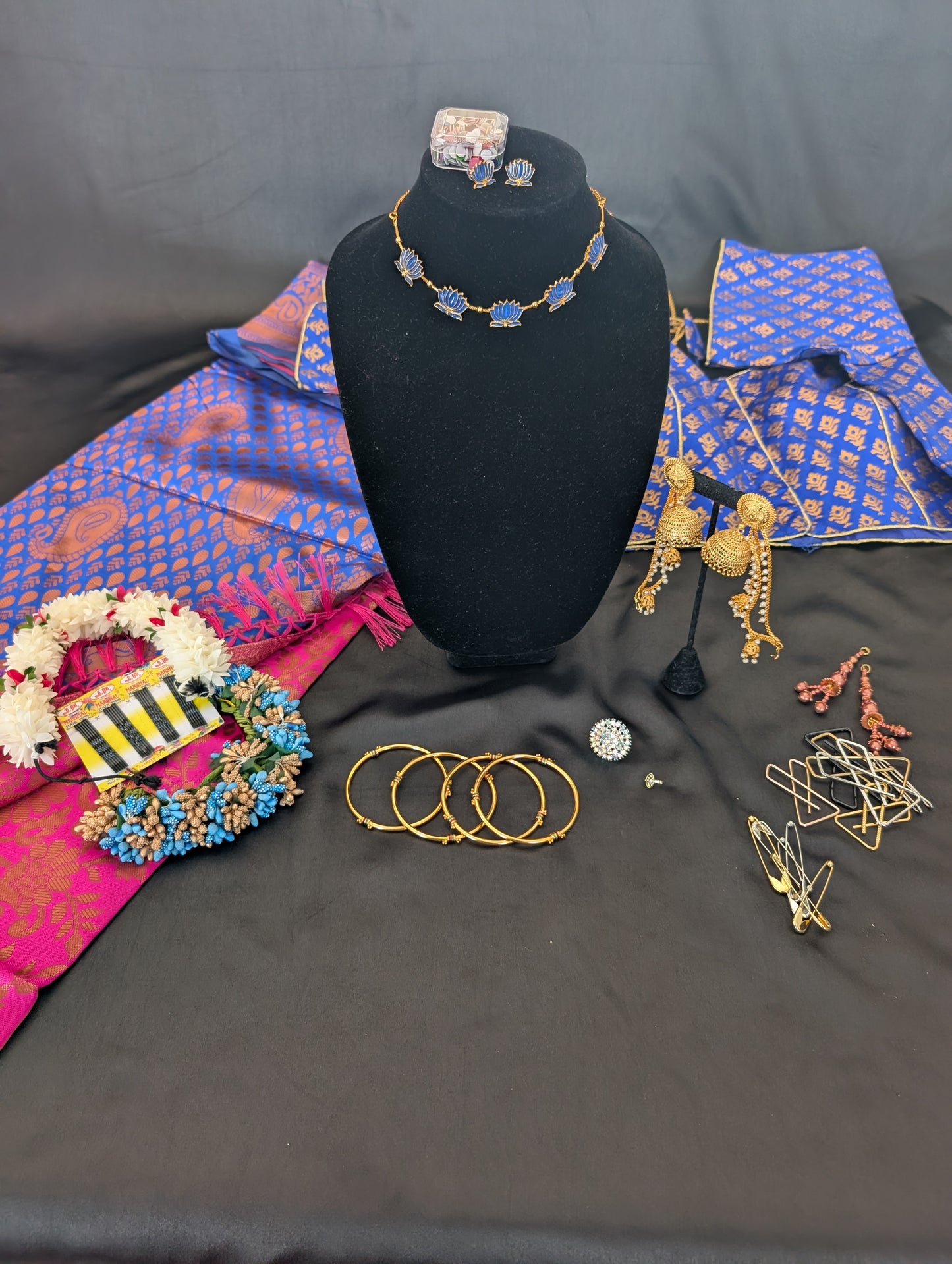Blue Designer Saree with Pink Headpiece – Full Set
