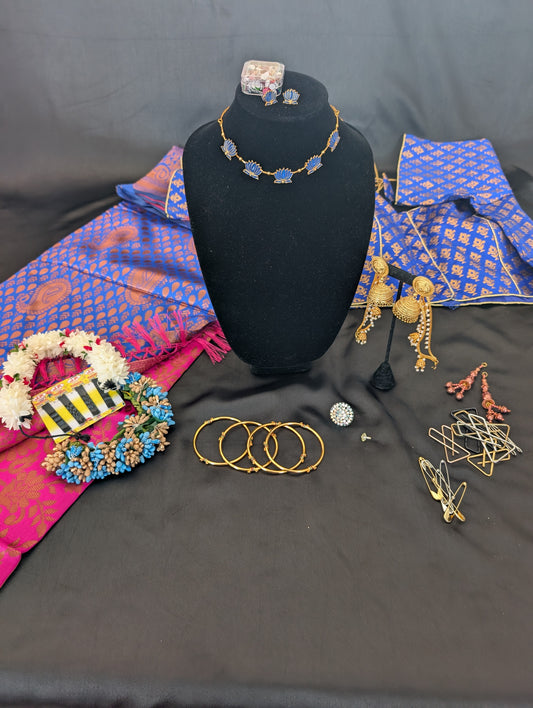 Blue Designer Saree with Pink Headpiece – Full Set