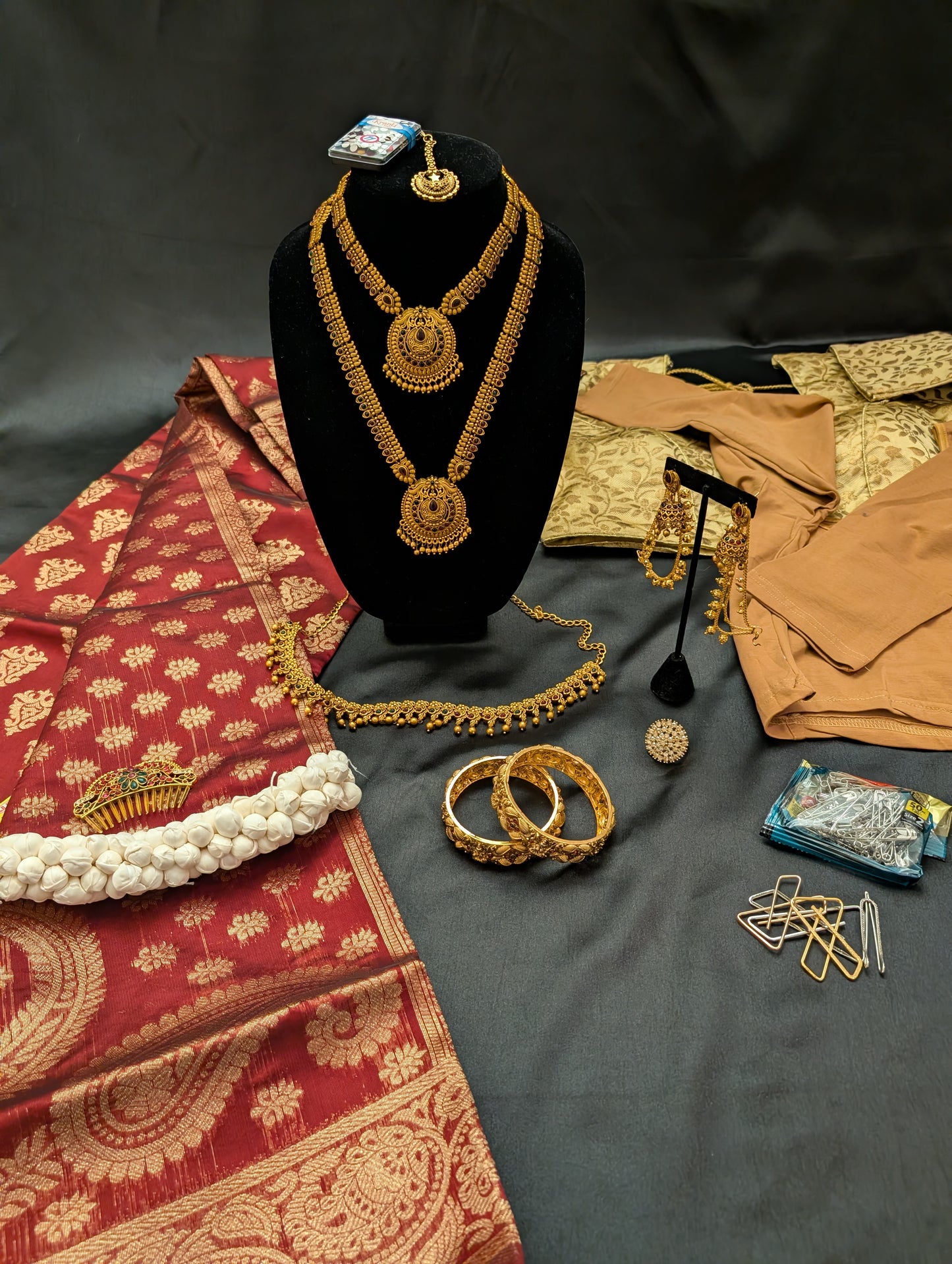 Maroon Red Designer Saree with Gold Work – Full Set