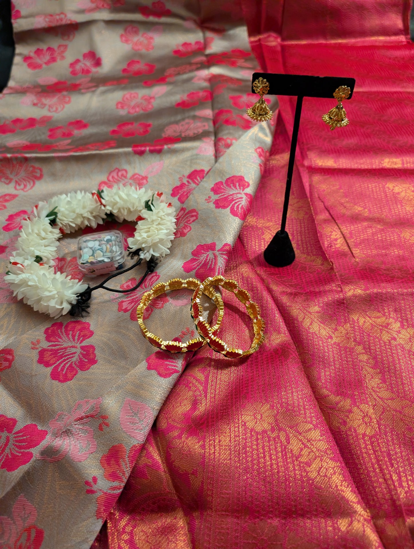 Pink Designer Saree – Floral Gold Work -  Full Set