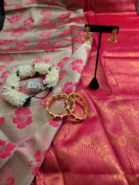 Pink Designer Saree – Floral Gold Work -  Full Set