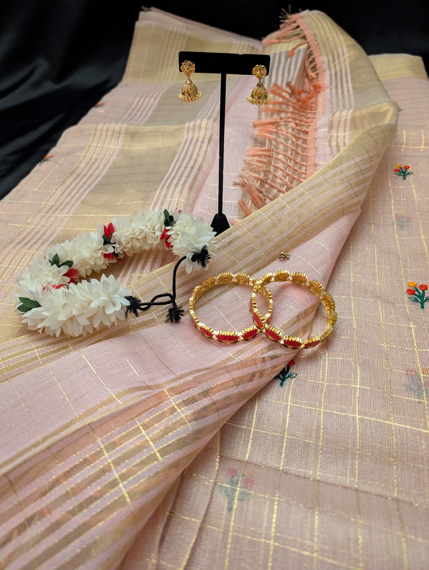 Pink Designer Saree – Gold Checkers & Floral Design - Full Set