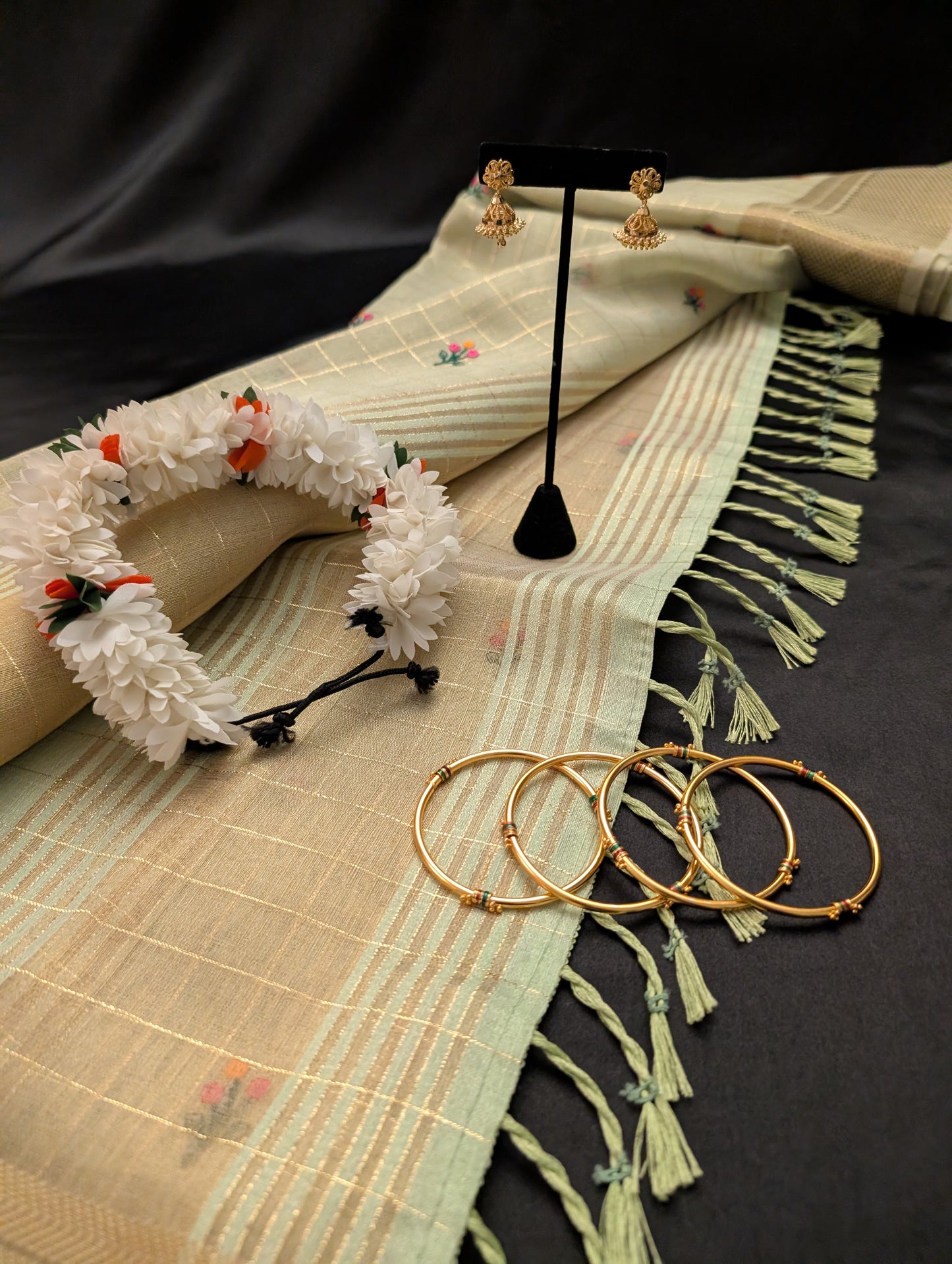 Green Designer Saree  – Floral & Gold Checkers - Full Set