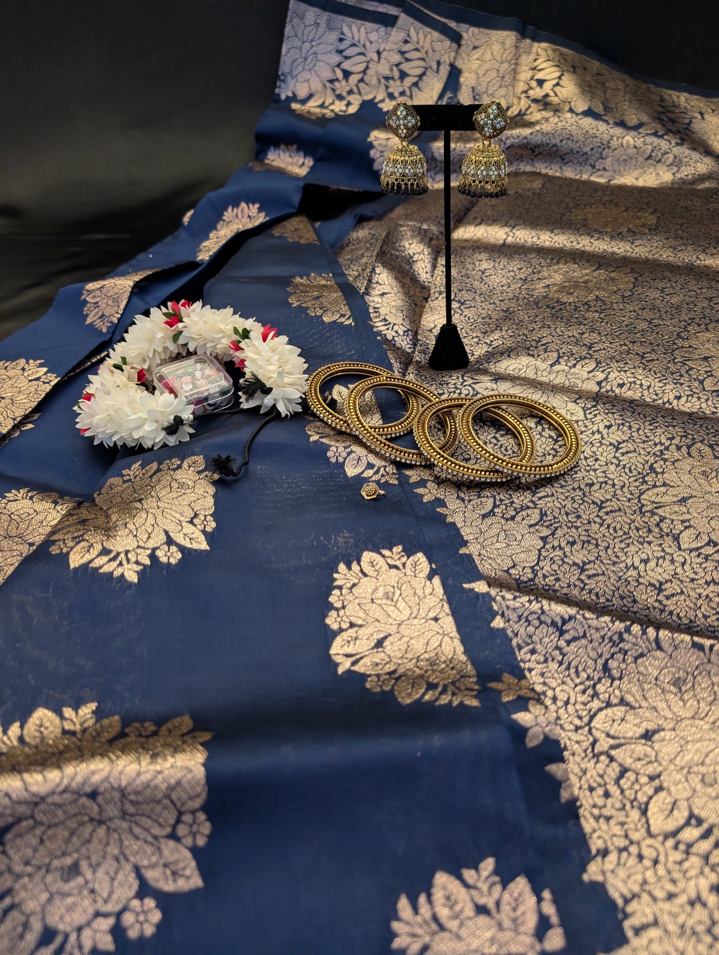 Navy Blue With Bronze Work Designer Saree – Full Set