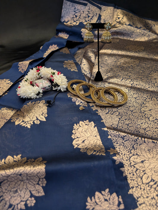 Navy Blue With Bronze Work Designer Saree – Full Set