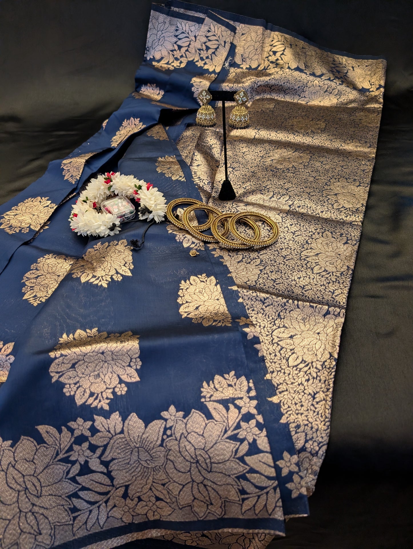 Navy Blue With Bronze Work Designer Saree – Full Set