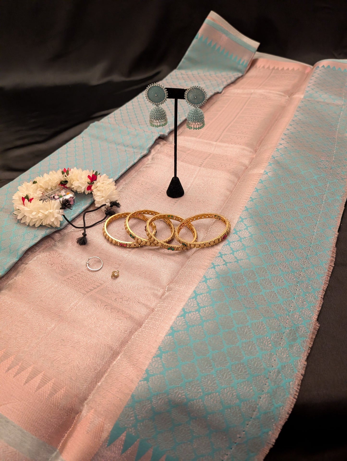 Teal Designer Saree – Pink Accents & Silver Designs - Full Set