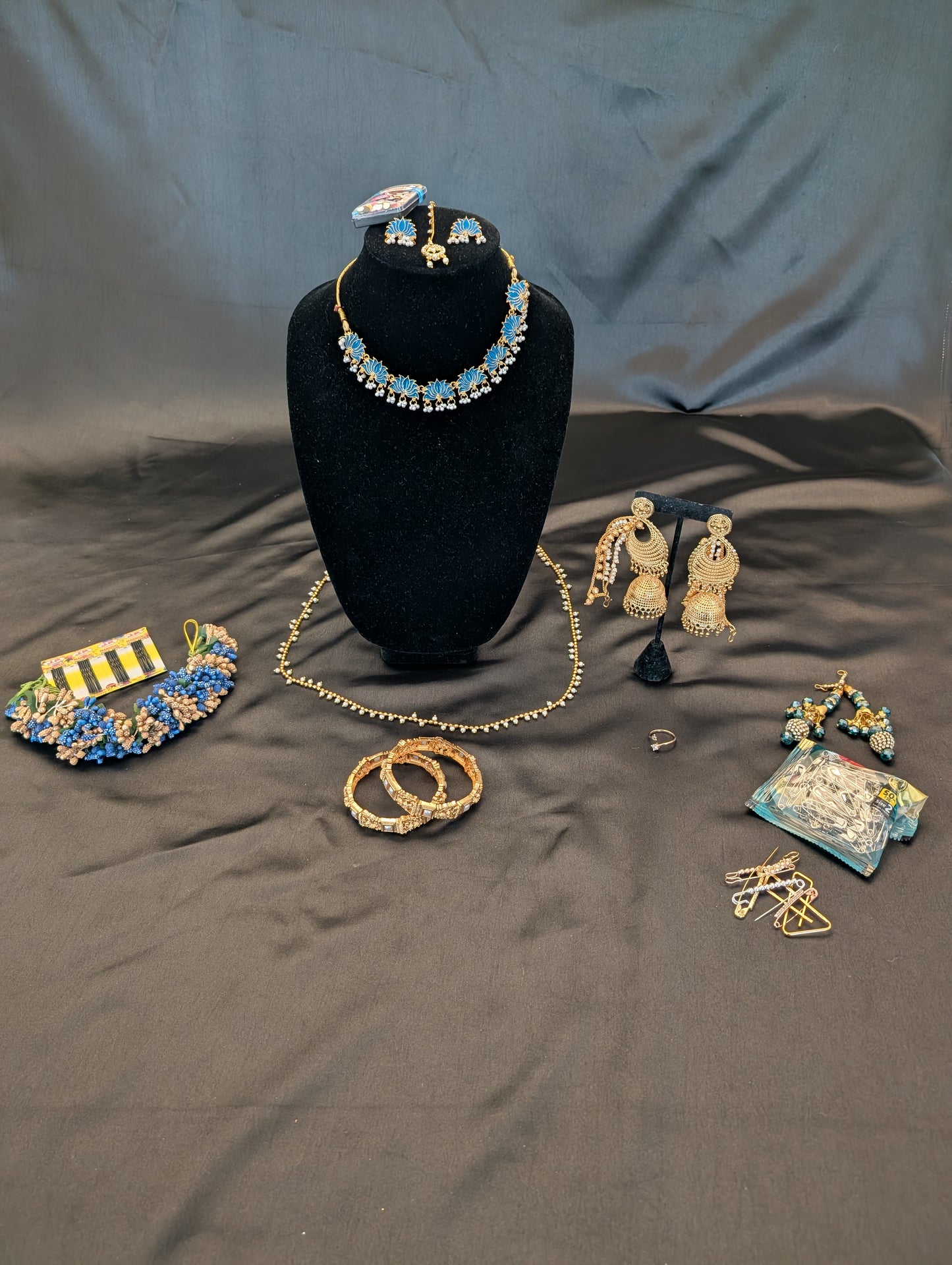 Blue Designer Saree – Double-Blue with Gold Work – Full Set