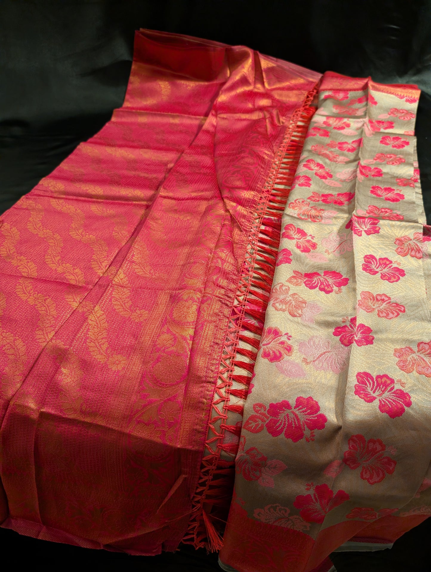 Pink Designer Saree – Floral Gold Work -  Full Set