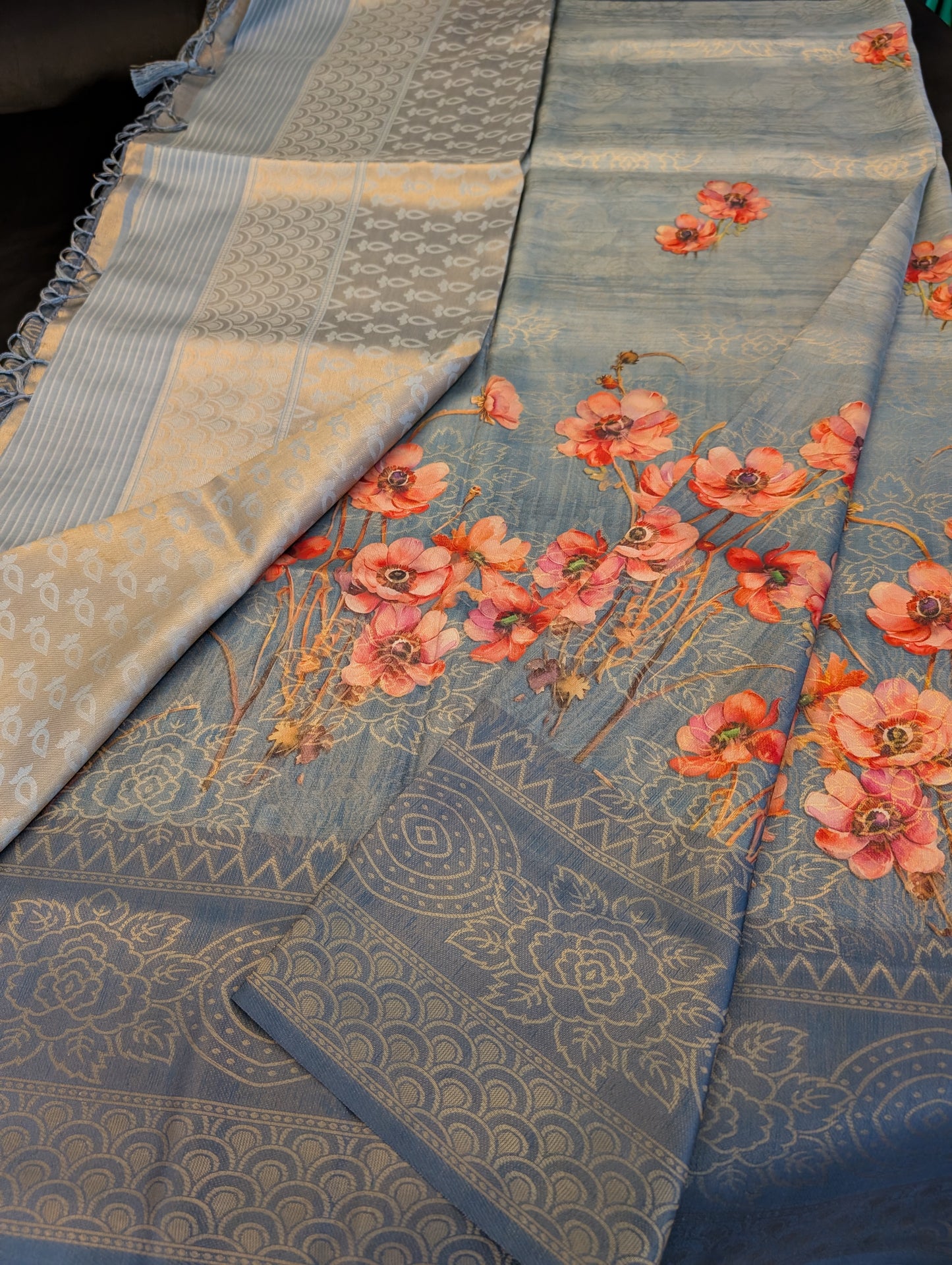 Blue Teal to Light Blue Designer Saree – Full Set